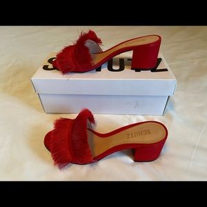 Schutz Elza Mule red suede with fringe